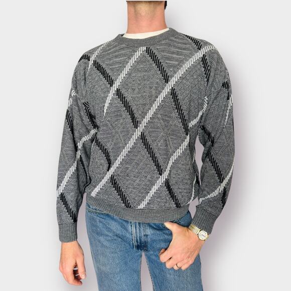 90s Moores Gray Diamond Pattern Sweater - Picture 1 of 6